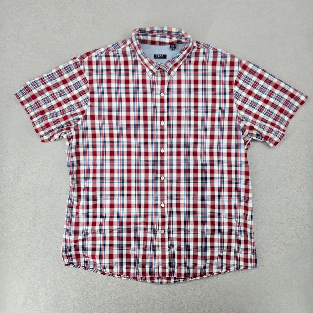IZOD Mens XXL Short Sleeve Button Down Plaid Shirt Red‎ Blue White Americana